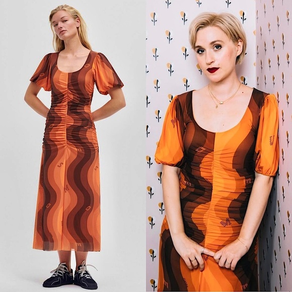 GANNI 70s Wave Print Recycled Mesh Scoop Neck Puff Short Sleeve Ruched Dress M - Picture 1 of 9